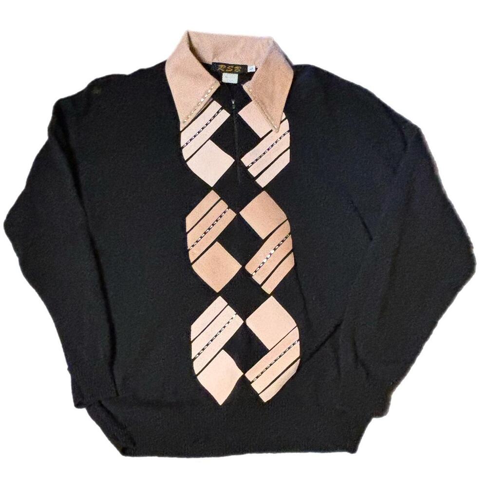 Vintage 80s 1?4 zip up black and pink sweater (large)